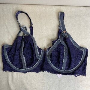 Savage X Fenty Navy Blue Framed in Denim Unlined Demi‎ Bra - Size: 42G